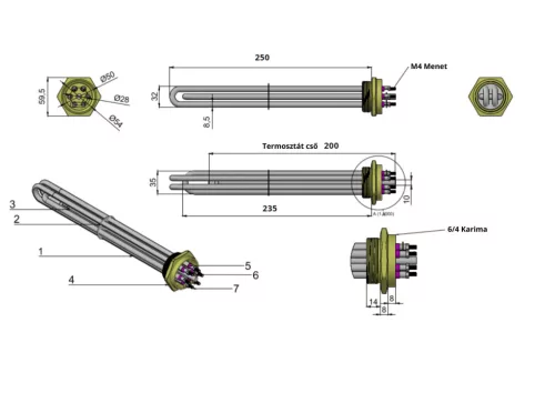 Háromfázisú merülő fűtőbetét vízhez – 3×1000 W, 250 x 34 mm, 1½″ (6/4) menet, AISI 304, 380/230 V
