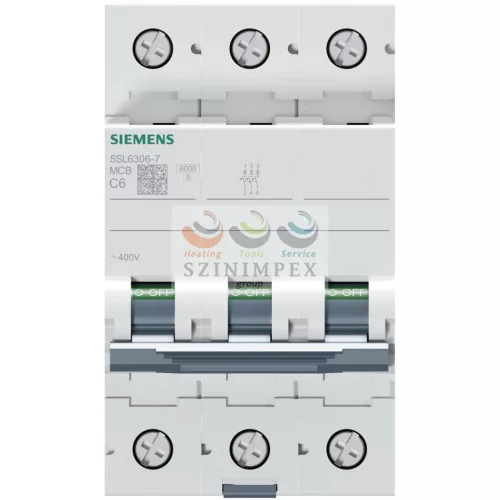 SIEMENS SENTRON kismegszakító 3P 6 A C-jelleg 400 V AC 6 kA/60898 6 kA/60947 5SL6306-7