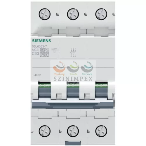 SIEMENS SENTRON kismegszakító 3P 63 A C-jelleg 400 V AC 6 kA/60898 6 kA/60947 5SL6363-7