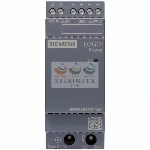 SIEMENS kapcsolóüzemű DC tápegység stabilizált 240 VAC-be 24 VDC-ki 1,3 A-ki 31,2 W LOGO!power 6EP3331-6SB00-0AY0