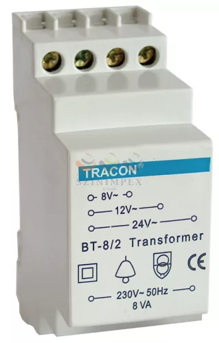 TRACON csengőtranszformátor 1F 8 VA sorolható 230 V/8 V/0,5 A 12 V/0,33 A 24 V/0,17 A 2M 8 W BT-8/2