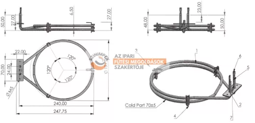 Kör alakú csőfűtőszál, cső Ø6,5 mm, 1260 W, 230 V, teljes Ø=197mm  