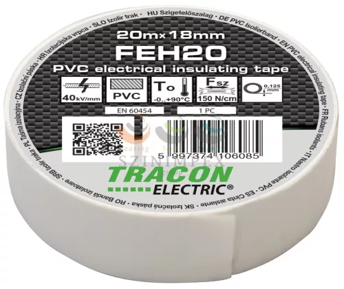 TRACON szigetelőszalag fehér 18 mm x 20 m PVC 90°C max. FEH20