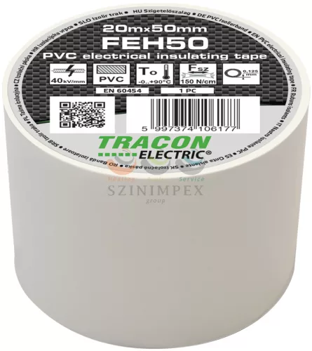 TRACON szigetelőszalag fehér 50 mm x 20 m PVC 90°C max. FEH50