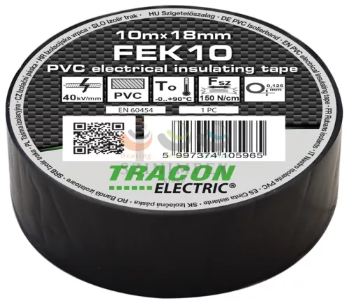 TRACON szigetelőszalag fekete 18 mm x 10 m PVC 90°C max. FEK10