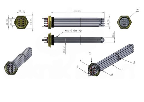 Merülő fűtőbetét vízhez – 5×2500 W 380/230 V – AISI 304 rozsdamentes acél, 480×40 mm, 2″ menettel 