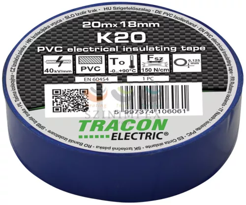 TRACON szigetelőszalag kék 18 mm x 20 m PVC 90°C max. K20