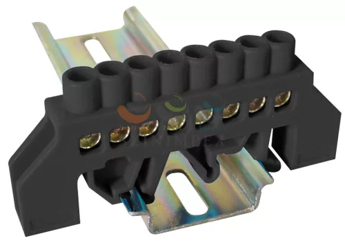 TRACON szigetelt N/PE-sín 6 × 9 mm 8 × 2,5-16 mm² fekete 63 A sárgaréz kezeletlen NPE-BK6-8