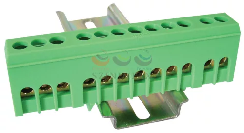 TRACON szigetelt PE-sín 6 × 9 mm 12 × 2,5-16 mm² zöld 63 A sárgaréz kezeletlen NPE-ZG