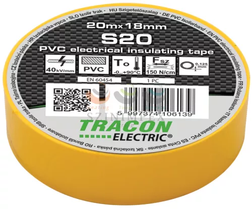TRACON szigetelőszalag sárga 18 mm x 20 m PVC 90°C max. S20