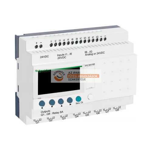 Zelio Logic programozható relé, kompakt, LCD kijelző, 6 DI + 6 DI/AI, 8 DO relés, belső órával, 24 VDC