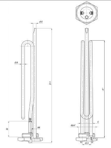 Elektromos csőfűtőbetét bojlerhez rövidített Cu/Ni Ø8.1 mm ~230 V 2000 W Ø8x290 mm