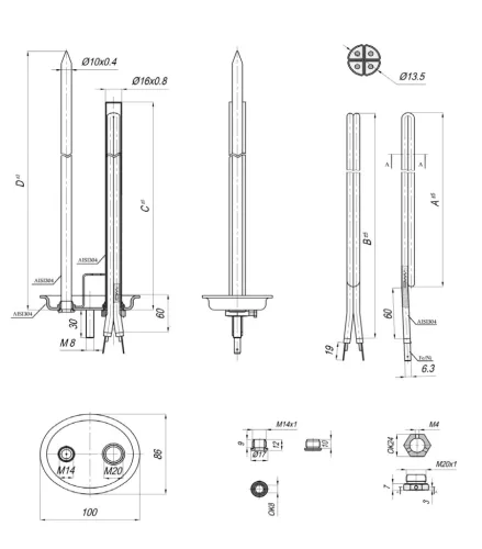 Elektromos csőfűtőbetét bojlerhez duplán préselt Komplett 50-80L (karima,, burkolat) Aisi 309 Ø6.5 mm ~230 V 1500 W