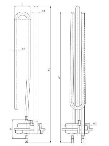 Elektromos csőfűtőbetét bojlerhez hőhíddal Aisi 316L Ø8.1 mm ~230 V 2000 W Ø10x220 mm