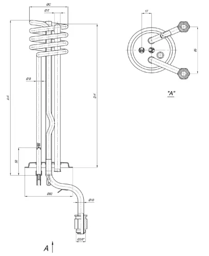 Elektromos csőfűtőbetét bojlerhez menetes, réz Ø8.1 mm, 230 V 2000 W, Ø10x290 mm