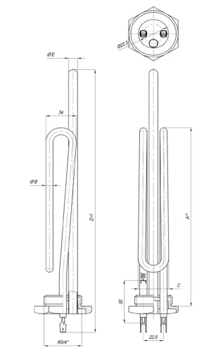 Elektromos csőfűtőbetét bojlerhez Cu Ø6.5 mm ~230 V 2000 W Sonda Ø10x325 mm