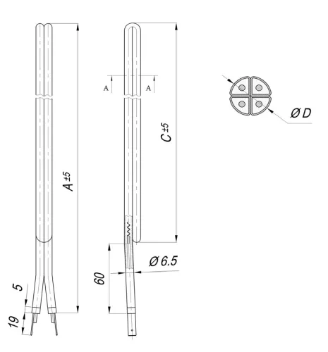 Elektromos csőfűtőbetét bojlerhez duplán préselt Aisi 309 Ø6.5 mm ~230 V 1250 W L=300 mm