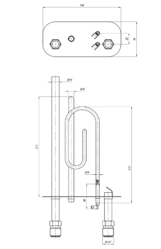 Elektromos csőfűtőbetét bojlerhez 5L, standard menetes, réz Ø6.5 mm, 230 V 2000 W, Ø10x220 mm