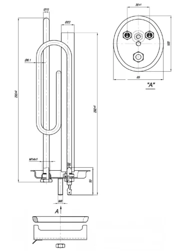Elektromos csőfűtőbetét bojlerhez Cu/Ni Ø8.1 mm ~230 V 2000 W Ø10x290 mm 