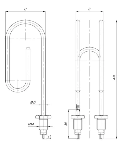 Elektromos csőfűtőbetét bojlerhez Aisi 316L Ø6.5 mm ~230 V 2000 W M14x1 Ms menetes
