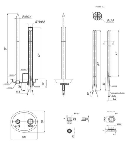 Elektromos csőfűtőbetét duplán préselt bojlerhez 50L (karima,, hüvely) Aisi Ø6.5 mm ~230 V 1000 W