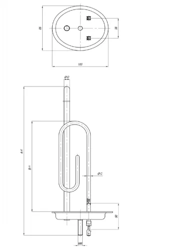 Elektromos csőfűtőbetét bojlerhez Komplett szerelt Cu/Ni Ø8.1 mm ~230 V 2000 W Aisi karima M8-mal és Cu/Ni Ø10x325 mm