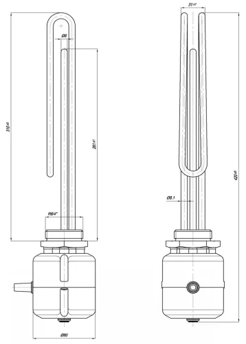 Elektromos nagy térfogatú bojler kiegészítő csőfűtőbetét belső hőszabályozással Cu Ø8.1 mm 3500 W L=310 mm Lk=3x2.5x1500 mm
