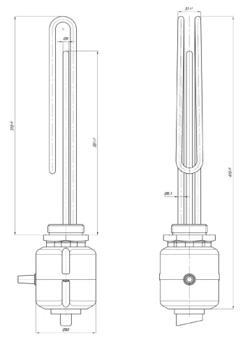 Elektromos nagy térfogatú bojler kiegészítő csőfűtőbetét külső hőszabályozással Cu Ø8.1 mm 3000 W L=310 mm Lk=3x2.5x1500 mm