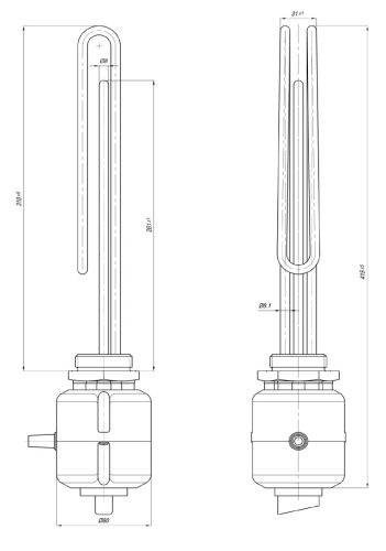 Elektromos csőfűtőbetét nagy űrtartalmú bojlerhez külső hőszabályozással Cu Ø8.1 mm 1500 W L=310 mm Lk=3x1.5x1500 mm