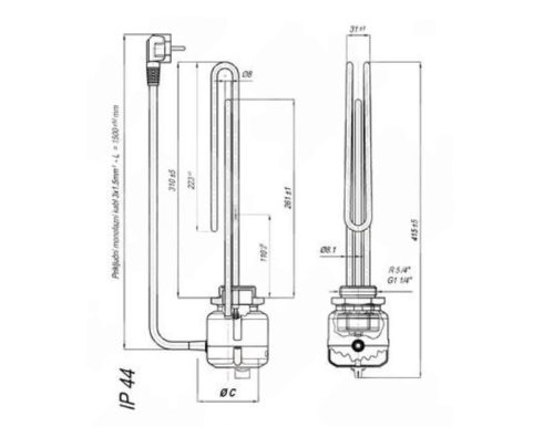 Elektromos nagy űrtartalmú bojlerhez külső hőmérsékletszabályzóval Cu/Ni Ø8.1 mm 3500 W L=310 mm Lk=3x2.5x1500 mm