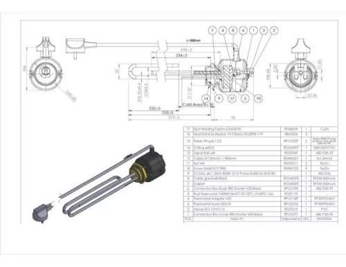 Elektromos nagy űrtartalmú bojlerhez külső hőmérsékletszabályzóval Aisi 316L Ø8.1 mm 1000 W L=310 mm Lk=3x1.5x15