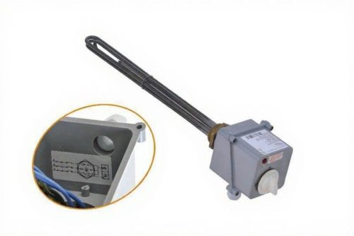 Nagy űrtartalmú bojler csőfűtőbetéte Aisi 316L Ø8.1 mm ~3x230 V 6000 W L=440 mm csatlakozó sapkával és hőmérsékletszabályzással