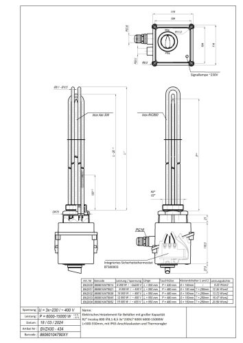 Elektromos csőfűtőbetét nagy űrtartalmú bojlerhez R2" Aisi 316L Ø8.1 mm 10000 W L=550 mm csatlakozóburkolattal és hőmérsékletszabályozással