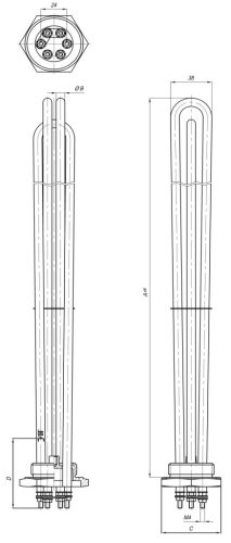 Elektromos csőfűtőbetét duplikátorhoz R2" Aisi 316L Ø8.1mm ~3x230V 6000W L=950mm