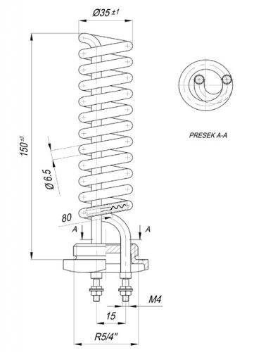 Elektromos csőfűtőszál duplikátorhoz Spiralis R5/4" Aisi Ø6.5mm ~230V 2500W