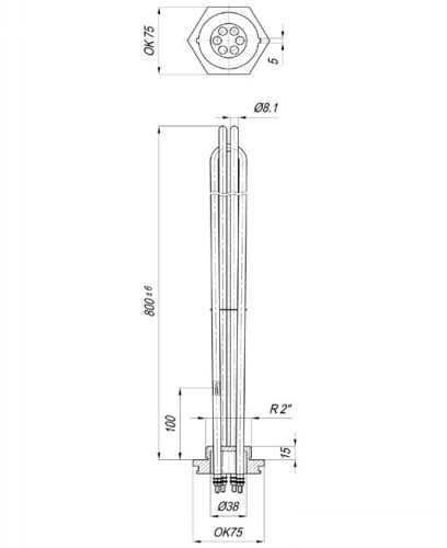 Elektromos csőfűtőbetét duplikátorhoz R2" Aisi 316L Ø8.1mm ~3x230V 12000W AISI flansz és IP65 csatlakozó dobozzal
