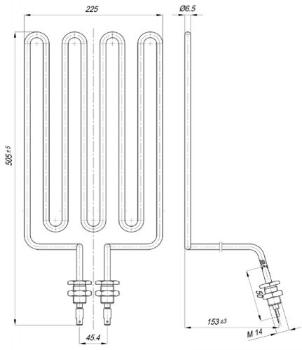 Elektromos csőfűtőbetét fritőzhöz Aisi 316L Ø6.5mm ~ 230V 2500W érintkező sík