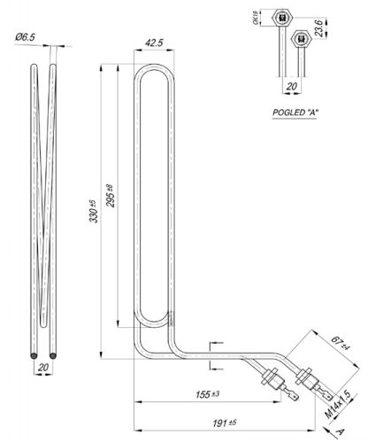 Elektromos csőfűtőbetét fritőzhöz Aisi316L Ø6.5mm ~ 230V 2500W