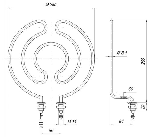 Elektromos csőfűtőbetét desztillátorhoz Aisi Ø8.1mm ~230V 2500W
