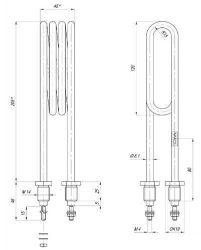 Elektromos csőfűtőbetét gőzgenerátorhoz Cu Ø8.1mm ~230V 3000W