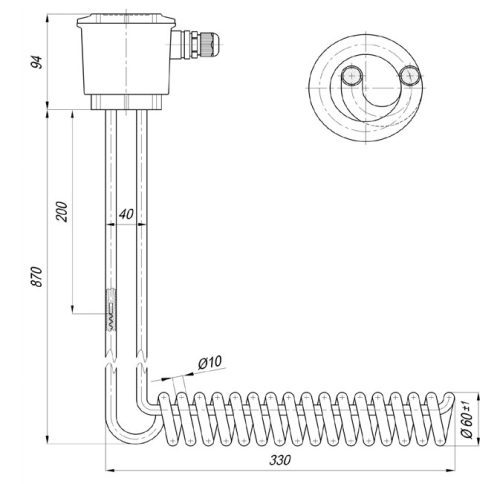 Elektromos csőfűtőelem Aisi teflon bevonattal Ø10mm és csatlakozó sapkával ~230V 2000W