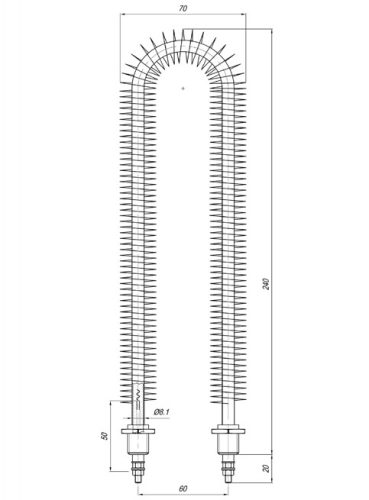 Elektromos bordázott csőfűtőbetét "U" Aisi Ø8.1mm ~230V 750W L=300mm