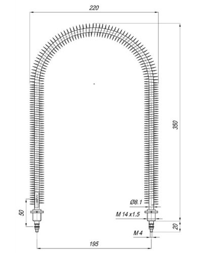 Elektromos bordázott csőfűtőbetét "U" Aisi Ø8.1mm ~230V 1100W L=350mm