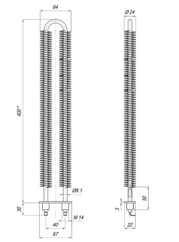 Elektromos bordázott csőfűtőbetét "U" Aisi Ø8.1mm ~230V 1300W