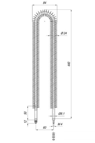 Elektromos bordázott csőfűtőbetét Aisi Ø8.1mm ~400V 330W L=440mm CARBO