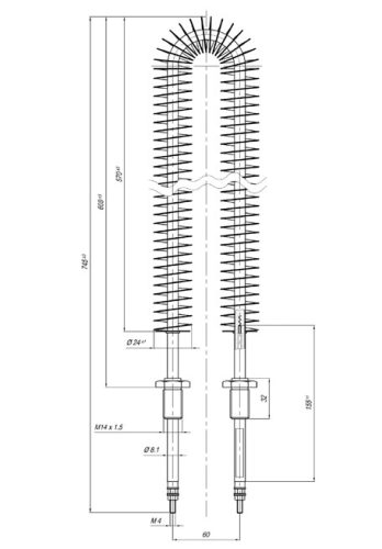 Elektromos bordázott csőfűtőbetét U Aisi Ø8.1mm ~400V 1500W Hz=135mm