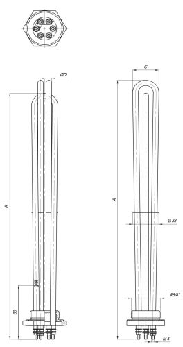 Elektromos csőfűtőbetét kazánhoz R5/4" Cu Ø6.5mm ~ 3x230V 6000W L=580mm