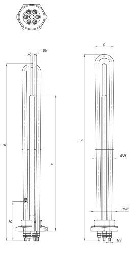 Elektromos csőfűtőbetét kazánhoz R5/4" réz Ø8.1mm ~ 3x230V 3000W L=380mm Szonda Ø10x290mm