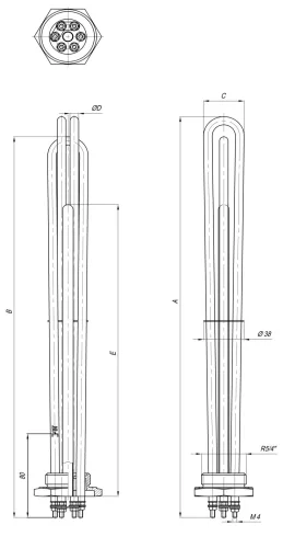 Elektromos csőfűtőbetét kazánhoz R5/4" Cu Ø8.1mm ~ 3x230V 8000W L=380mm Szonda Ø10x290mm