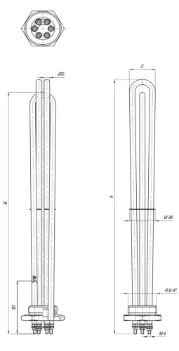 Elektromos csőfűtőbetét kazánhoz R6/4" Cu Ø8.1mm ~ 3x230V 9000W L=380mm